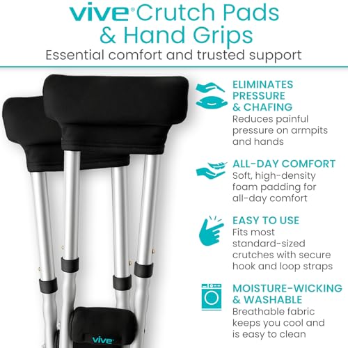 Vive Premium Crutch Pads & Hand Grips - Comfortable, Breathable, Machine Washable Padding - Moisture Wicking & Odor Reducing Pillow Accessory Covers for Adult & Youth Walking Crutches