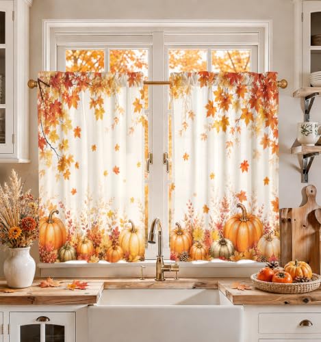 Miss Adola 36 Inch Length Kitchen Tier Curtains Pumpkin Leaf Cafe Curtains