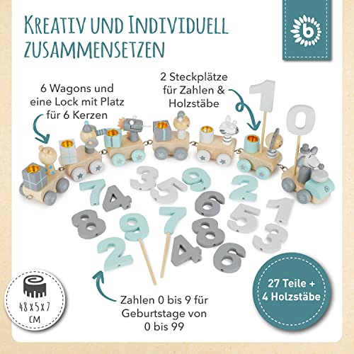Bieco Holz Geburtstagszug Scandi Look 0-99 Jahre | Holz Zahlenzug 31 TLG., Länge ca. 48 cm | Kerzen Geburtstagszug… – Bild 4