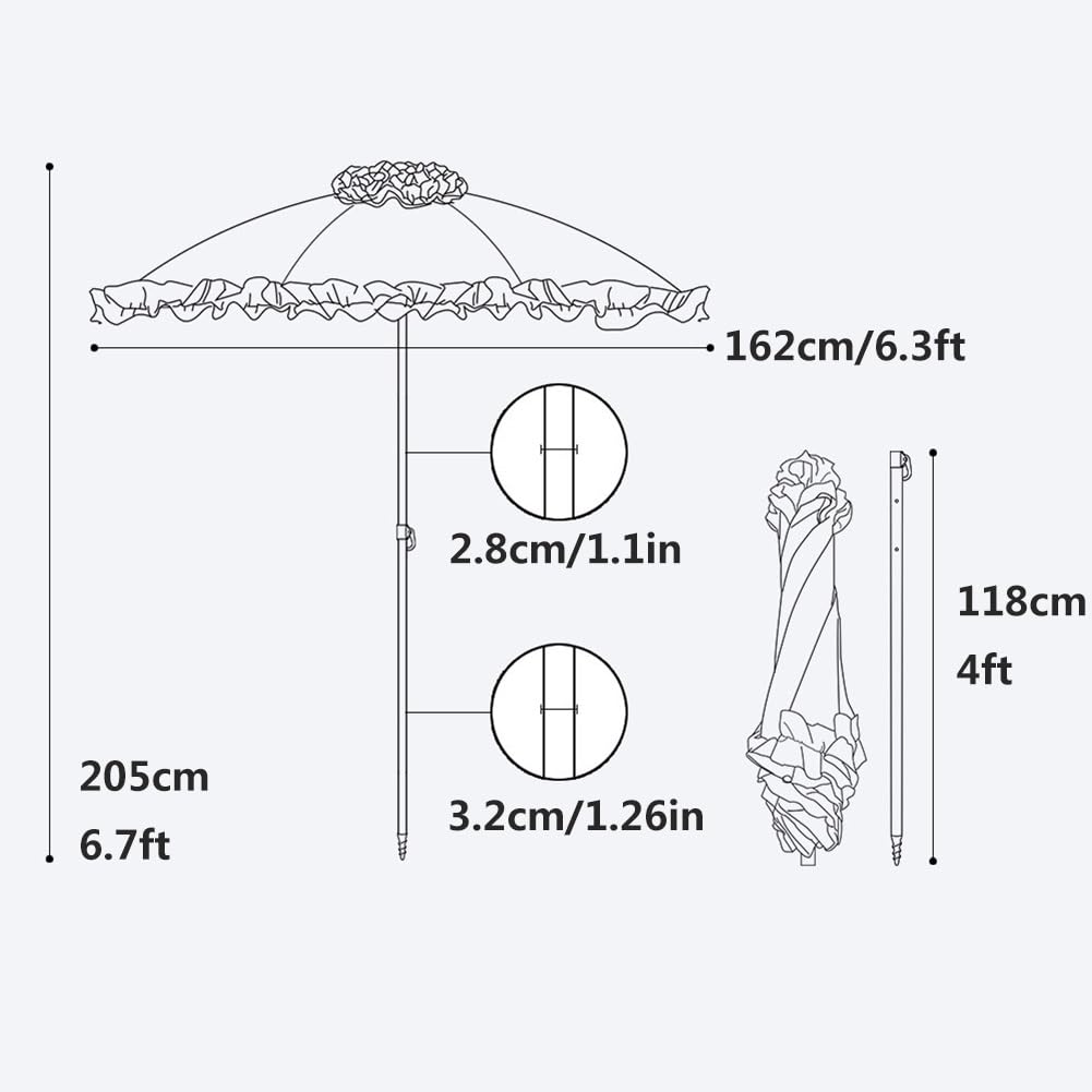 162 cm Parasol Ogrodowy z Przycisk Nachylenia, Elegancki Parasol Tarasowy Wykończony Koronką z Torbą Transportową na Plażę, Basen i Podwórko