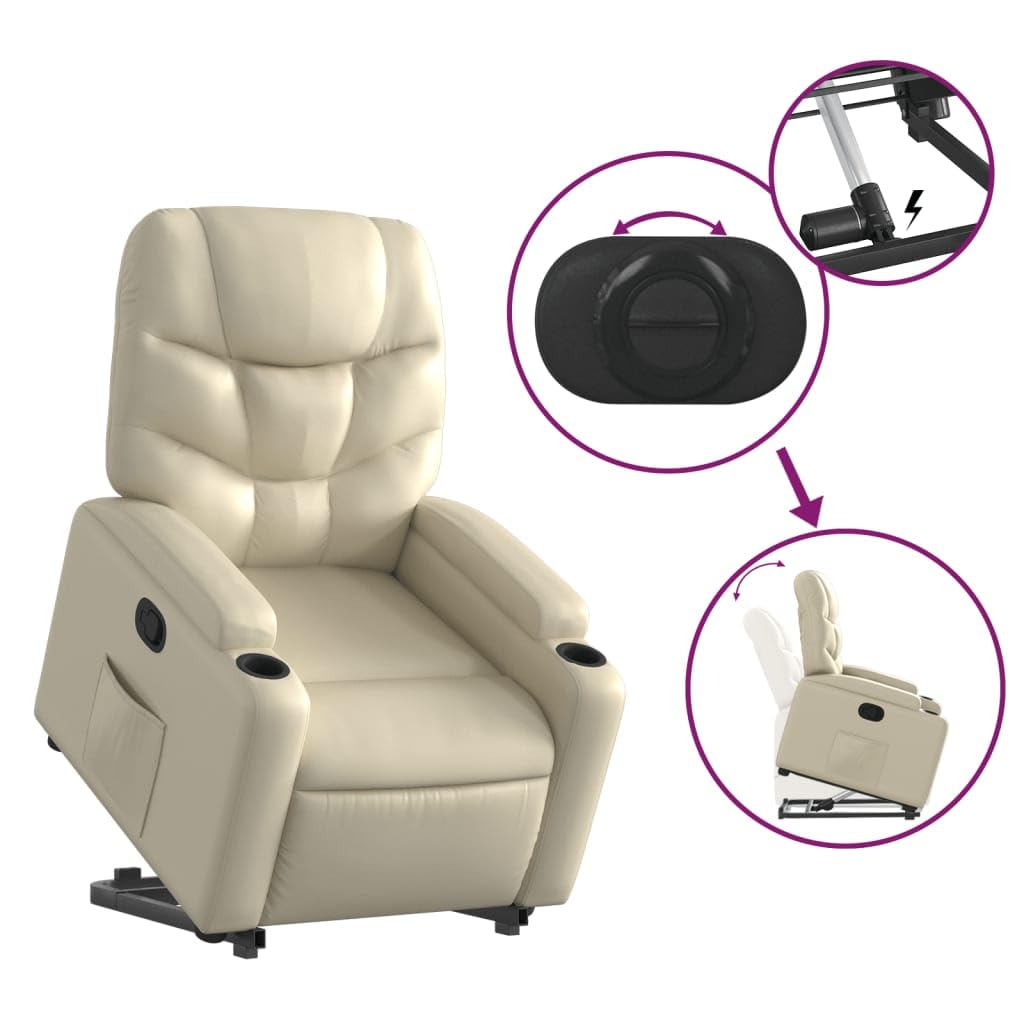 Sillón elevador eléctrico reclinable de piel sintética color crema con función de elevación y reclinación manual hasta 135 grados, cómodo con portavasos y bolsillo lateral