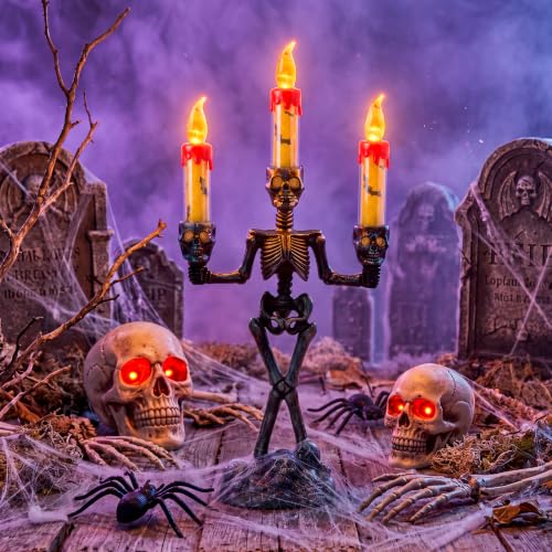 Image of JOYIN 2 Pcs Halloween Skeleton Candelabra Decorations, Light Up Haunted Candelabra Decor with LED Flameless Candles, Skull Candles Holder Flickering Glow Tabletop Decor for Indoor Haunted House