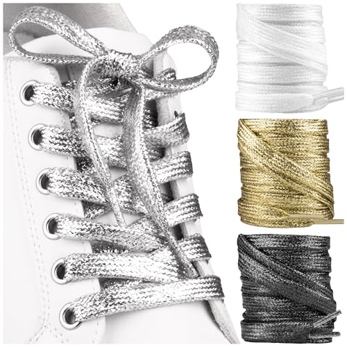SULPO 2 pares de cordones planos con purpurina, para zapatillas deportivas, botas y zapatos de fiesta, de 90 cm hasta 150 cm, plata, 90