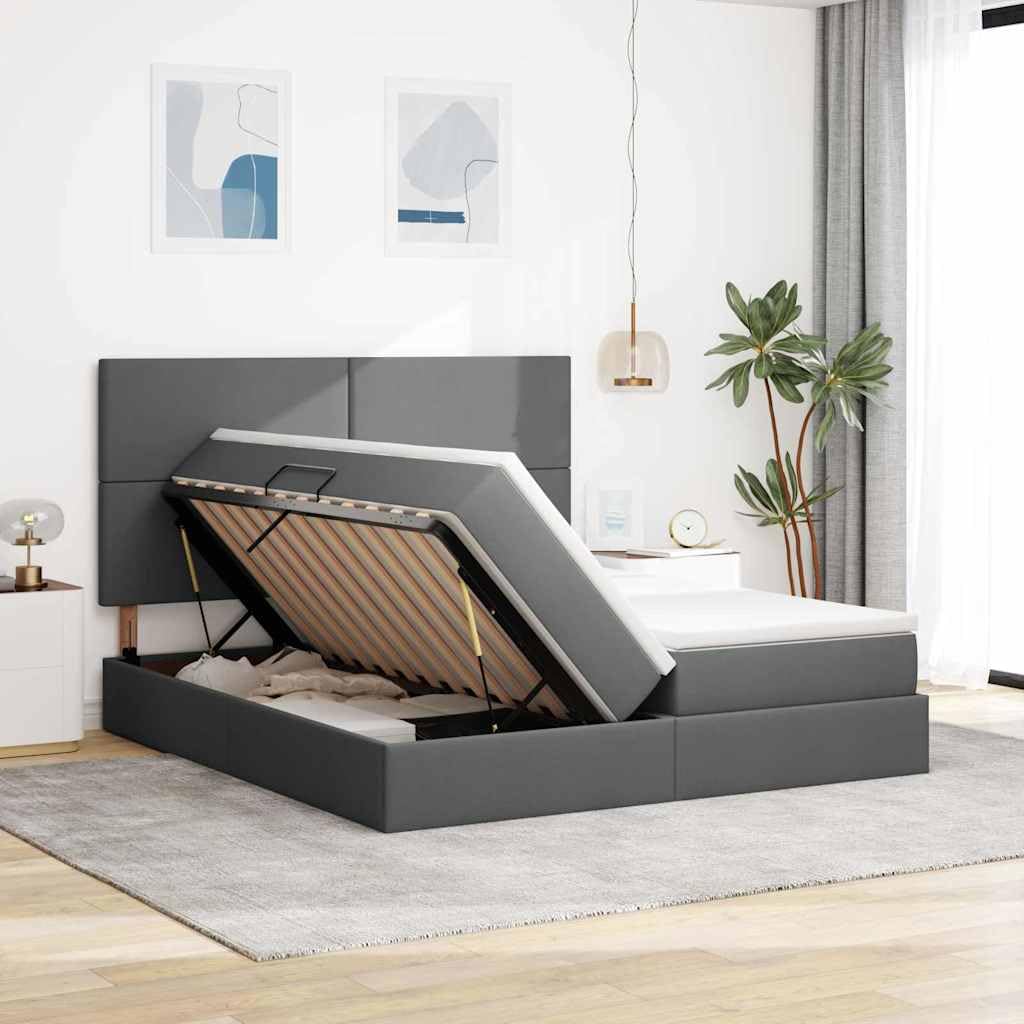 Letto portaoggetti con testiera imbottita, grigio scuro, 200 x 200 cm, in tessuto, telaio in metallo, meccanismo di sollevamento idraulico, spazioso contenitore, rigidità media del materasso