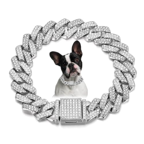 Silver Dog Chain Collar, Diamond Metal Cuban Link Dog Collar,15mm Wide Bling Sparkly Puppy Necklace for Small Medium Large Pet Dogs Cats Silver White(12 inch)