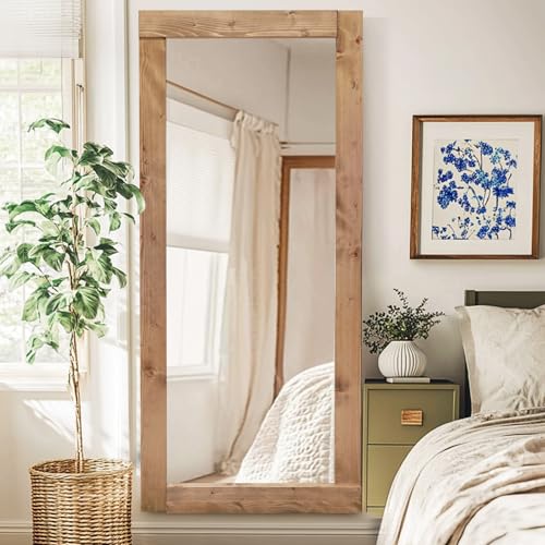 Image of 71x32in Full Length Mirror, Solid Wood Convex Frame, Light Brown