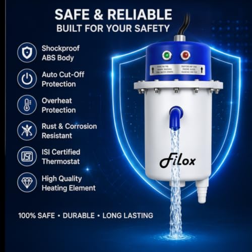 Image of Filox Instant Water Heater 1 Litre 3KW | Portable Mini Instant Electric Geyser | Copper Heating Element | Shockproof ABS Body | Auto Cut-Off Safety | Wall Mount Water Heater for Bathroom, Kitchen