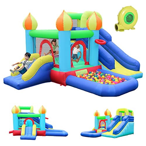 JOOLOOG Inflatable Bounce House with Blower, Jumping Bouncy Castle for Kids Outdoor, Indoor Bouncing House with 2 Slide,Climbing Wall,Fun Pool,Basketball Hoop