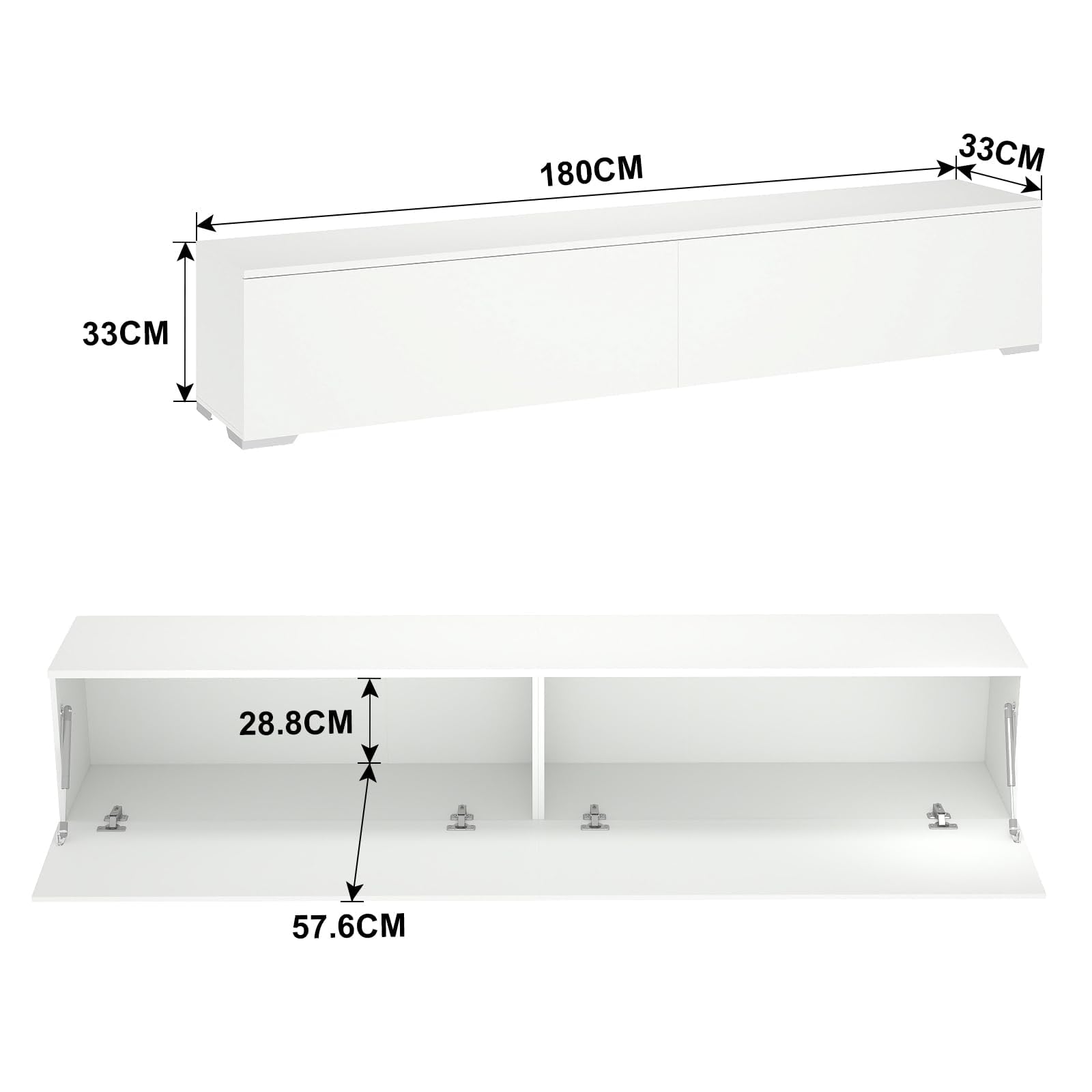 Meuble TV Lowboard 180cm, 2 Compartiments de Rangement, pour téléviseurs jusqu'à 80 Pouces, Blanc pour Salon/Chambre, Style Moderne, Blanc 180x33x30cm