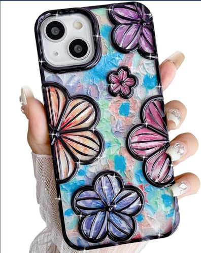 Image of mobistyle Designed for iPhone 15 Cover| Electroplating Colourful Flower 3D TPU Camera Protection Back Cover Case for Women Girls (Flower Black)