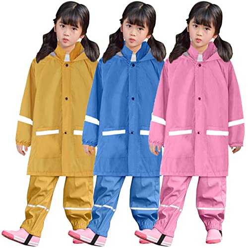 Kids Reflective 2PCS Raincoat Solid Windproof Raincoat Rain Pants Waterproof Button Rain Jacket Hooded Trench Clothes