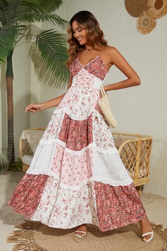 Image of Women Floral Maxi Dress Spaghetti Straps V Neck Lace Patchwork Flowy Tiered Boho Beach Sundress Long Dresses
