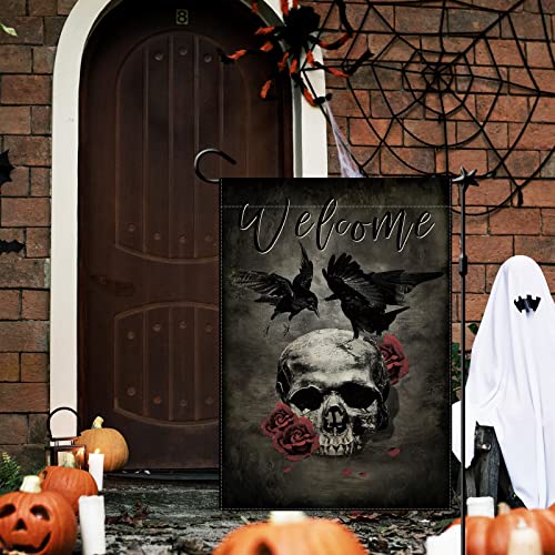 Cmegke Skull With Crow Garden Flag Welcome Skeleton Garden Flag Skull Garden Flag Halloween Flags Double Sided Burlap Holiday Halloween Rustic Farm Home Outdoor Yard Decor 12.5 X 18 In #TOP1