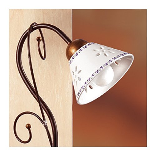 Lampada da tavolo in ferro battuto a 1 luce con piatto in ceramica traforato decorato country – Ø 14 cm - Marrone