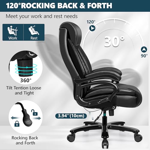 Big and Tall 500lbs Office Chair,Heavy Duty Large PU Leather Executive Desk Chair with Wide Seat, Adjustbale Ergonomic Lumbar Support High Back Rocking Computer Chair for Heavy People (Black)