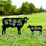 牛 金属 ガーデンステークス 装飾 女性/お母さん/おばあちゃん/男性への牛のギフト 牛好きへのギフトに 黒い牛のシルエット 彫像 庭の装飾 屋外装飾 庭のアート テラス 芝生の装飾 2個パック