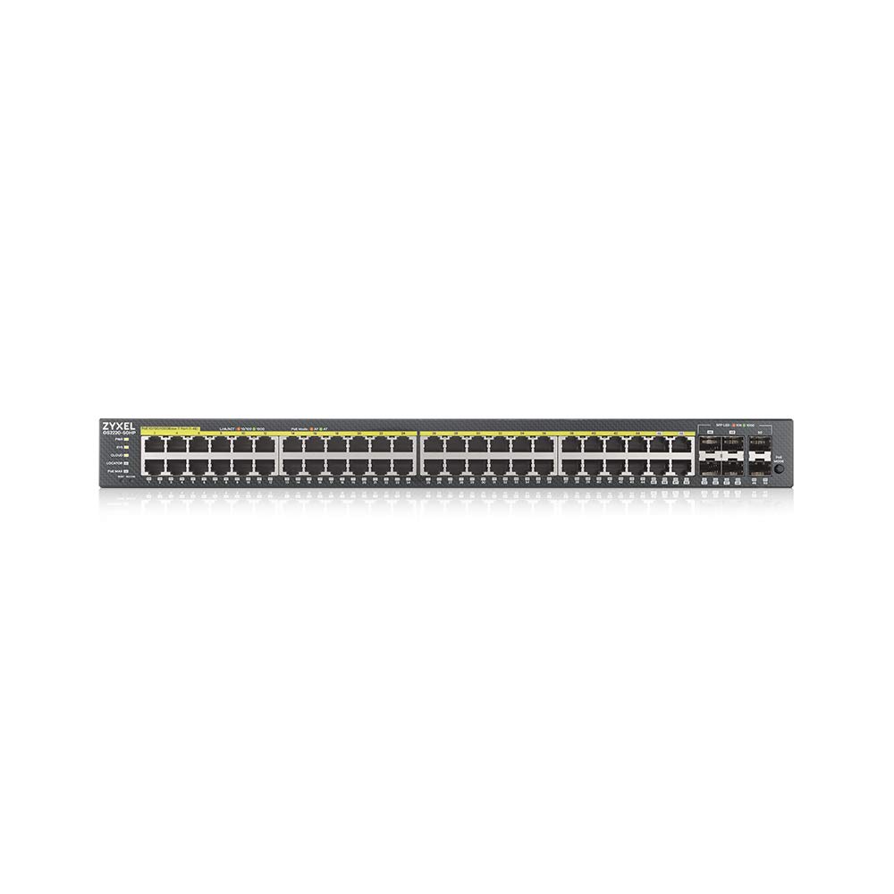 Zyxel Netzwerk Switch 48 Port | L2+ Managed GbE PoE+ | GS2220-50HP | 44x PoE mit 375W Budget + 4x RJ-45/SFP Combo PoE + 2x SFP, Lüfterlos, NebulaFlex, L2 Multicast, MVR, VLAN
