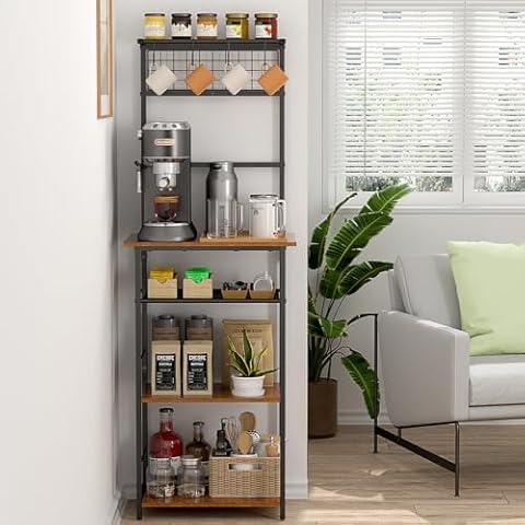 5 Tier Coffee Bar Station, Coffee Stand Station with 4 S-Shaped Hooks, Farmhouse Corner Coffee Bar Cabinet for Small Spaces, Bakers Rack for Kitchen, Entryway, Living Room, 13.43"D x 18.93"W x 53.31"H Cover