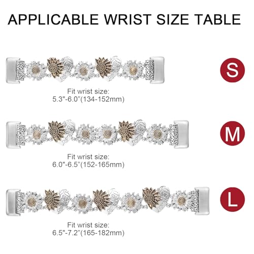 Stretchy Metal Bracelet Bands Compatible with Fitbit Charge 5/ Charge 6 Band, Women Fancy Elastic Sunflower Heart Dressy Stainless Replacement Wristband Strap for Charge 5/ Charge 6 Fitness Tracker (Large, Silver Gold Flower) by YONWORTH - Used condition - Image 5