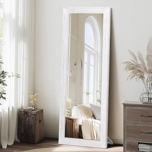 Image of 65x22in Full Length Mirror, Rustic White Beveled Wood Frame