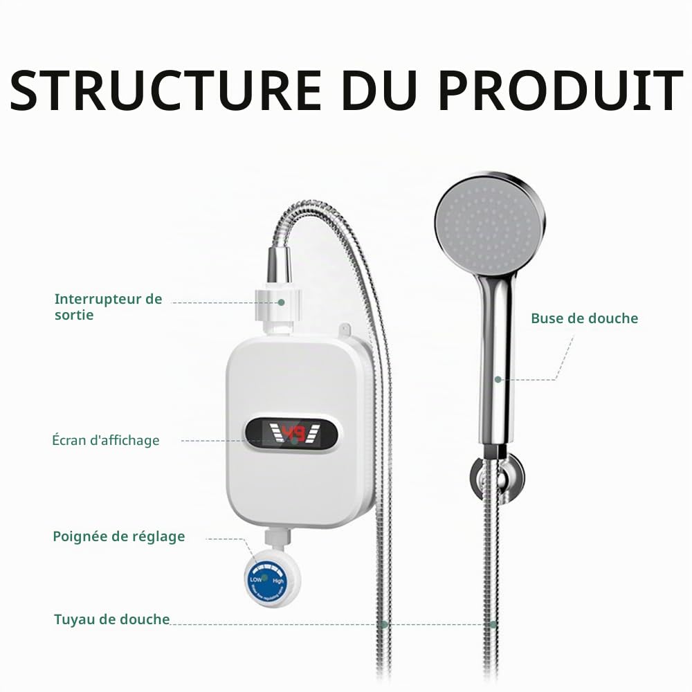 Chauffe-eau instantané Affichage numérique LCD Thermostatique Douche Dispositif de chauffage de l'eau Salle de bains Imperméable Machine de chauffage rapide sans réservoir en acier