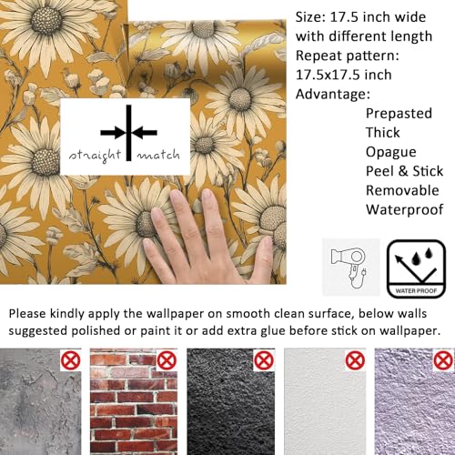Papier peint floral jaune moutarde adhésif mural vinyle lavable pour décoration chambre
