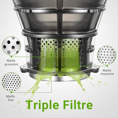AMZCHEF 250W Extracteur de jus lent automatique Vos mains libres avec triple filtre, Ouverture de 135 mm et capacité de 1,8 L Extracteur de jus de fruits et légumes entiers - Gris – Image 6