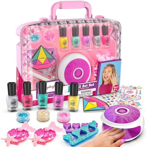 Amagoing Kids Nail Polish Set for Girls, All-in-One Nail Art Kit with Storage Box Ages 6-8, Non Toxic Peelable Nail Polish, Nail Dryer, Hair Clip, Girl Makeup Case Toys Birthday Gift for 5 6 7 8 9