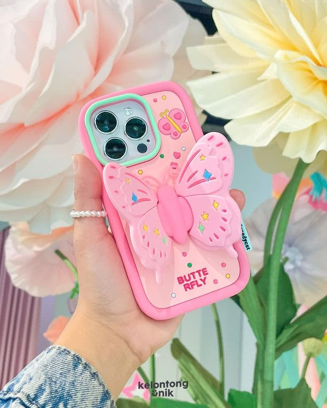 Image of COVERLY for iPhone 15 Pro Max 3D Butterfly Lovely Cartoon Case,Premium Silicone Case Wings with Folding Stand Holder Cool Full Protective Cute Kawaii Aesthetic Cover for Apple iPhone 15 Pro Max
