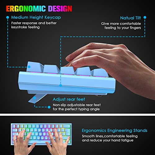 Image of FELICON 60% Portable Mechanical Gaming Keyboard, 62 Keys Ultra-Compact Mini Keyboard, Red Switch, RGB Customization Backlit, Wired Type-C USB for for PC /Win /PS4 /Xbox (Blue)