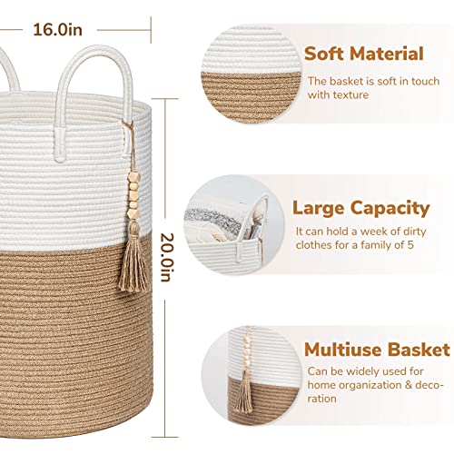 Goodpick Woven Laundry Basket Decorative Blanket Basket For Living Room, Tall Storage Basket For Clothes, Toys, Towels, Wicker Laundry Hamper 16 X 20 Inches, White And Jute #TOP2