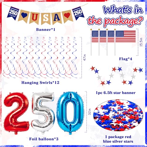 Image of 34PCS 4th /Fourth of July USA 250th Anniversary Decorations Set, Red White Blue Patriotic Decorations, Love USA Banner American Flag Pom Poms Decor for Memorial Day Independence Day