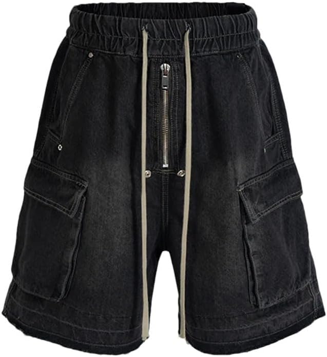 Men Zipper Pocket Overalls Shorts Washed Ribbon Loose Denim Cropped Distressed Pants