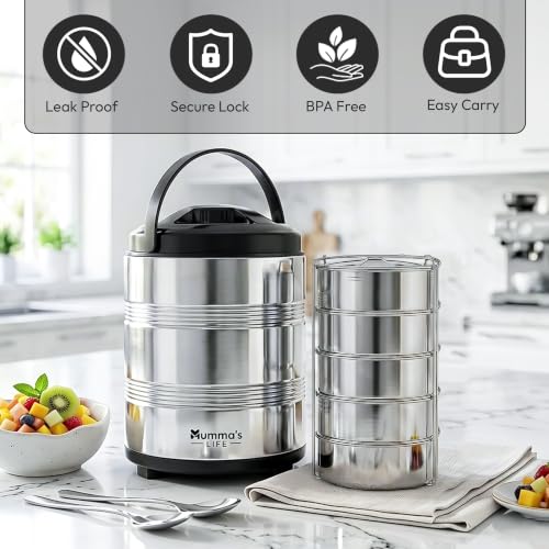 Image of Mumma's LIFE Lunch Box Steel Stainless | 5 Container Multipurpose Dishwasher Safe Tiffin Box for Office Use & School | Silver Finish Meal Carrier for Daily Use