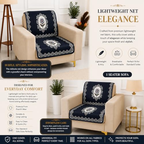 Image of Homerz Premium 'Maharaja Paradise Series' Sofa Cover | Net Fabric Sofa Cover | Washable, Anti-Dust Backed & Wrinkle Resistant Cover (Regal Flower, 1 Seater, Seat Cover with Backrest)