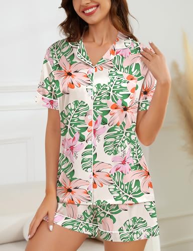 Image of SWOMOG Womens Silk Satin Pajamas Set Short Sleeve Sleepwear Button Down Top and Shorts Loungewear 2 Piece Pjs Set XS-3XL