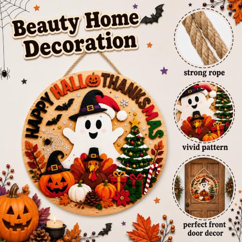 Image of Halloween Decorations - Happy Hallothanksmas Wooden Sign for Front Door