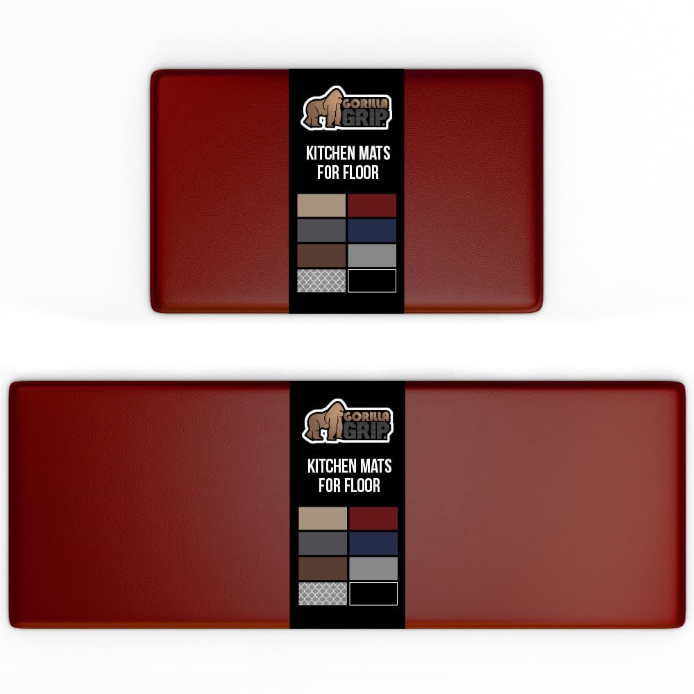 Gorilla Grip Set of 2 Anti Fatigue Cushioned Waterproof, Stain and Scratch Resistant Kitchen Floor Mats, Ergonomic Standing Office Desk Mat, Supportive Padded Memory Foam Rugs, 17x24 + 17x48, Red