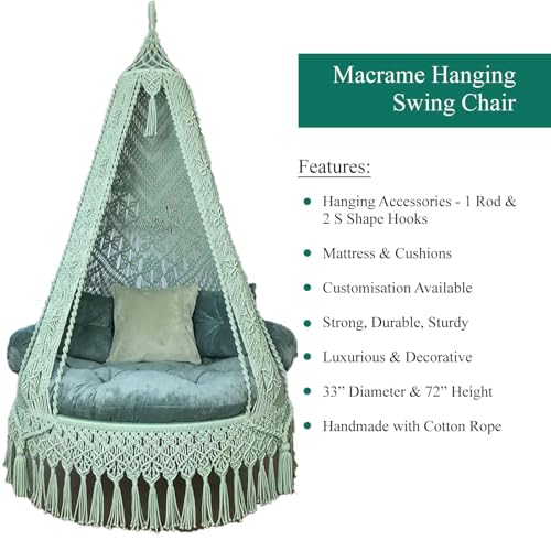 Image of Macrame Hanging Chair Swing with Cushion | Handmade Boho Hammock Chair for Adults & Kids | Indoor Outdoor for Balcony, Living Room, Bedroom, Patio & Garden (Olive Green)