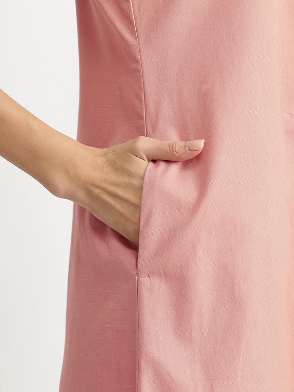 Image of Pink Fort Women Casual Linen Blend Colourblock A-Line Kurta Set | V-neck Sleeveless Kurta Ankle Length Flared Fit Pants for Easygoing Summer | Peach & Beige