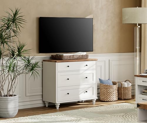 Image of WAMPAT Dresser for Bedroom with 3 Drawers, Kids Dressers with Wide Chest of Drawers, Mid Century Modern Wooden Closet Storage Organizer for Living Room, Nursery, Hallway, White