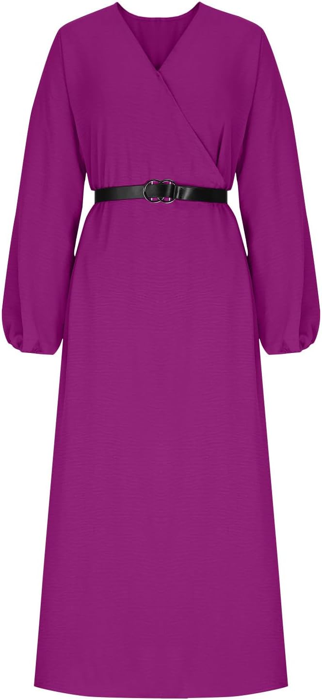 HGps8w Women's Wrap Maxi Dress 2025 Fall Elegant Long Sleeve Open Front Slit Hem Casual Dresses with Belt