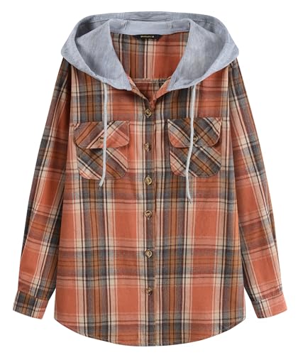 Derbars Womens Plaid Flannel Shirts Hoodie Long Sleeve Shirt Jacket Cotton Button Down Blouse Tops Orange Red Small