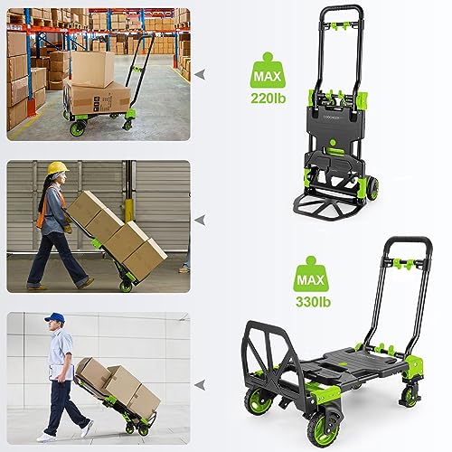 Image of Heavy Duty 330lbs Folding Hand Truck, 2 in 1 Alu Foldable Dolly, Green | Portable Folding Hand Cart, Converts to 2 & 4 Wheel Platform Truck with 5 inch Solid Rubber Wheels, 3-Gear Handle for Moving