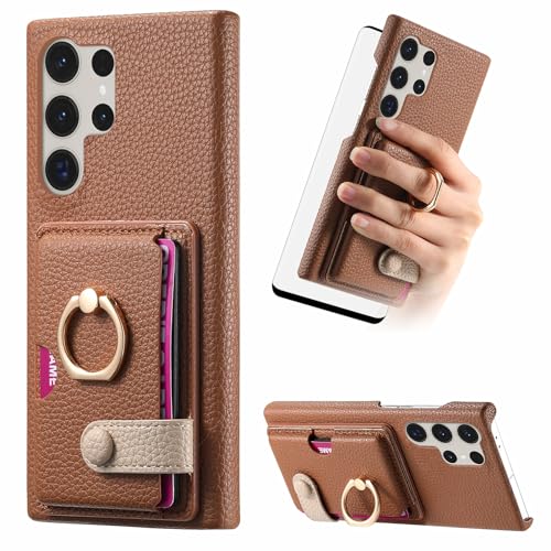 Asuwish Phone Case for Samsung Galaxy S23 Ultra 5G Wallet Cover with Tempered Glass Screen Protector and Thin Slim Ring Stand Credit Card Holder Cell S23Ultra 23S S 23 23Ultra 6.8 inch WomenMen Brown