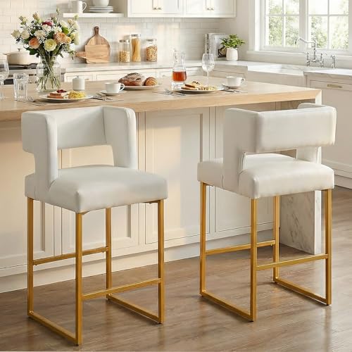 Image of 26 inch H Bar Stools Set of 4 with Back, Faux Leather Counter Height Stools with Footrest, Square Metal Frame, Modern Upholstered Bar Chairs for Kitchen Island /Dining Room, White & Gold Legs