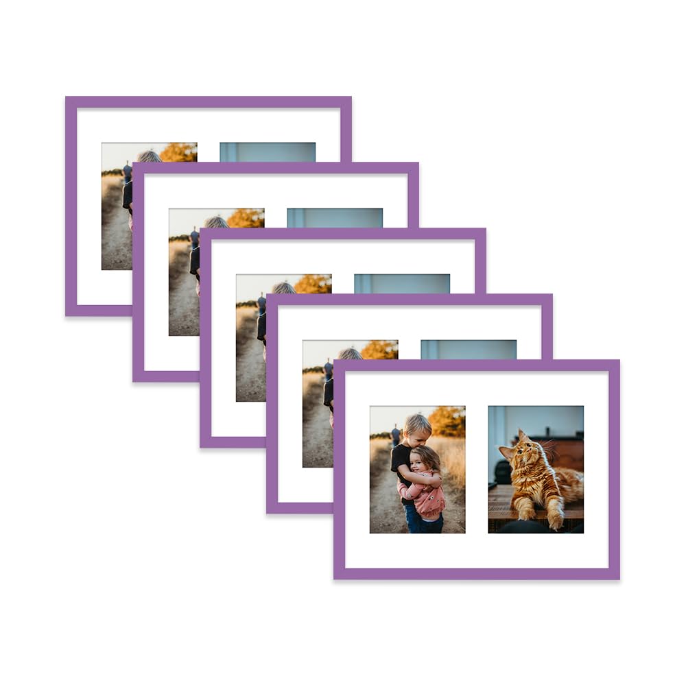 Purple Multi Photo Frame - Holds 2 x 8x6 Pictures, Family Collage Picture Frame for Wall Display, 16x12 Frame size, Set of 5