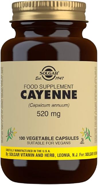 Solgar Cayenne 520 mg Vegetable Capsules - Pack of 100 - Pain, Digestion and Metabolism Support - Fresh Botanicals - Vegan, Gluten Free and Kosher