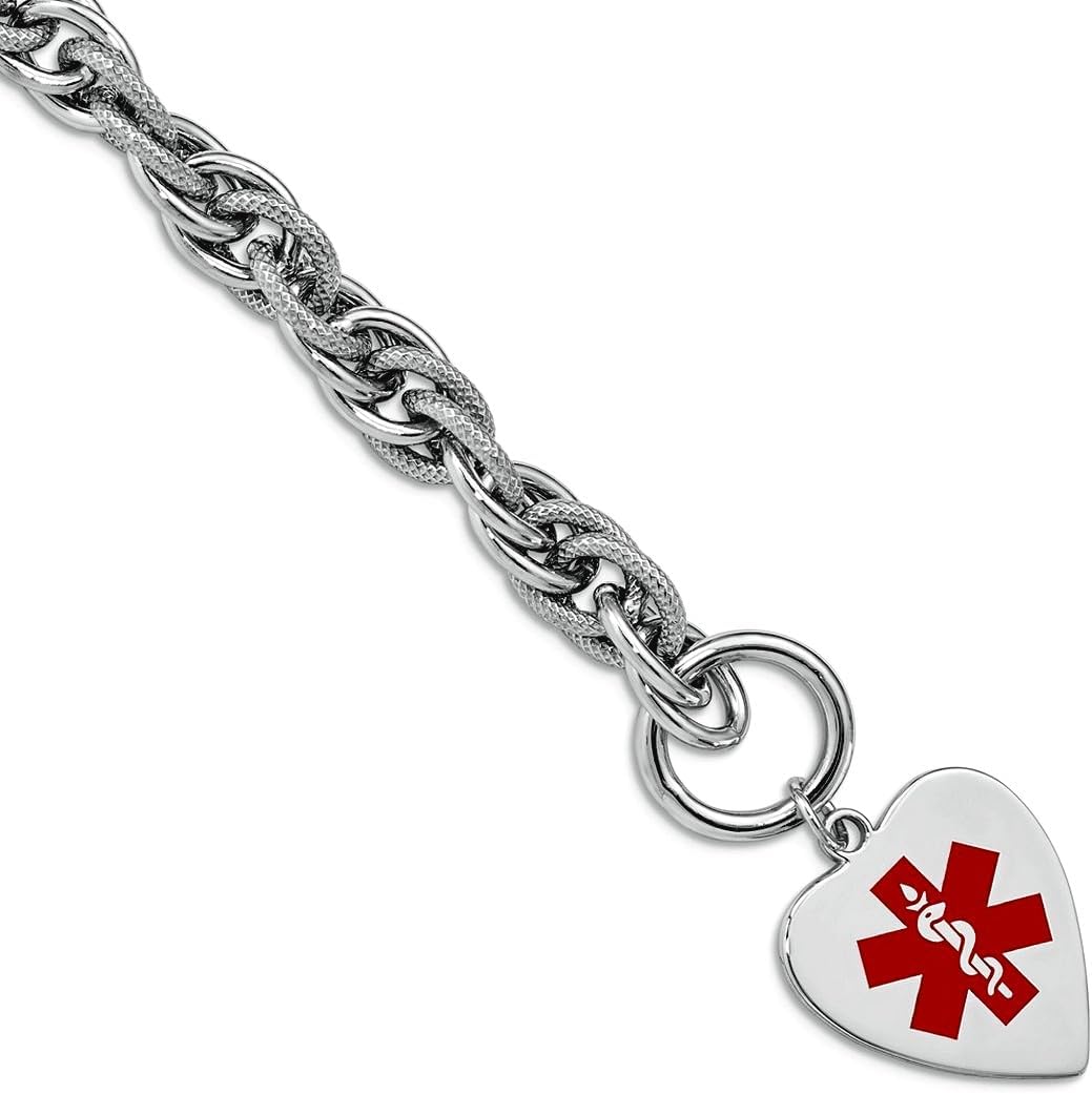 JewelryWeb 925 Sterling Silver Polished Engraveable Enamel Love Heart Medical ID Bracelet Toggle 18mm Wide Identification Bracelet for Women