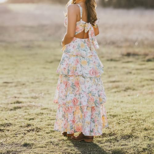 Women Floral Maxi Dress Sleeveless Bow Back Tiered Boho Flowy Long Dresses Summer Fall4